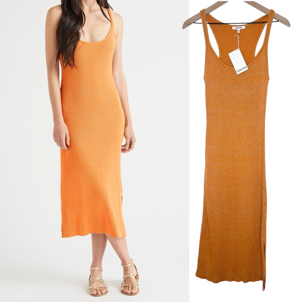 Splendid Xena Lurex Sweater Dress Orange Ribbed Shimmer Midi size XS NWT